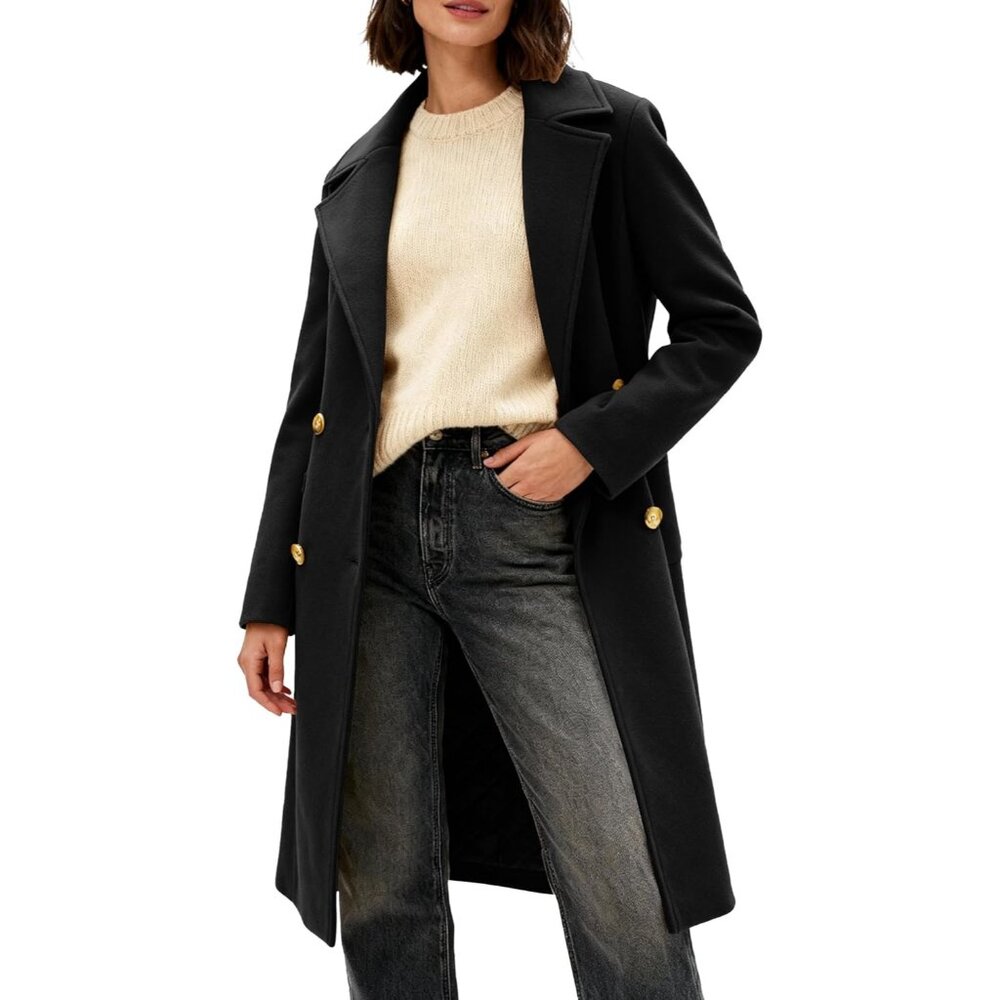 Women's Black Winter Double-breasted Long Overcoat Classic Casual Trench Coat - Picture 2 of 7